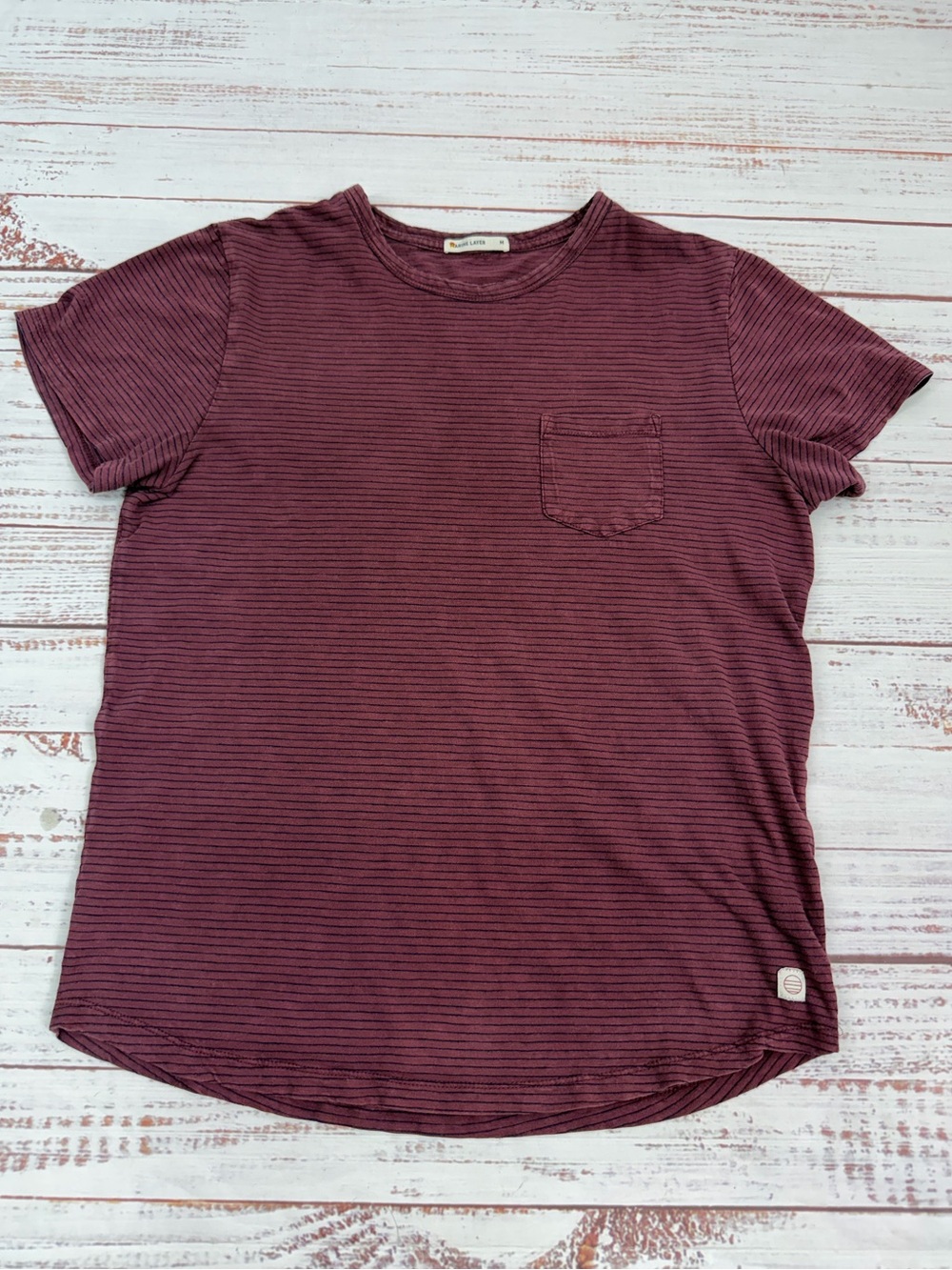 Marine Layer Men’s Medium Maroon broke in striped pocket crewneck t-shirt